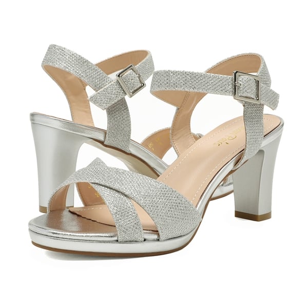 Chunky Heel Ankle Strap Sandals - SILVER GLITTER - 3
